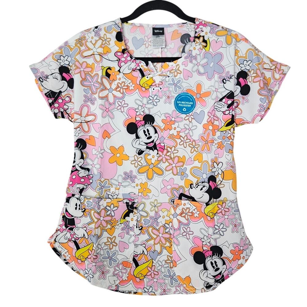 NEW Tooniforms XXS Disney Minnie Mouse Flower Pink Scrub Top Nurse Black Cartoon